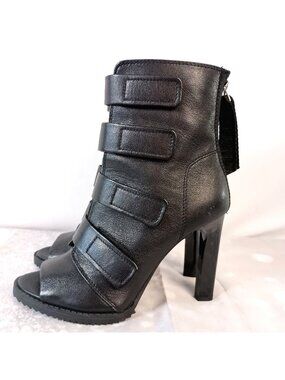 DKNY Blake Peep Toe Bootie Black Leather Strappy Heel Women 7 EUC